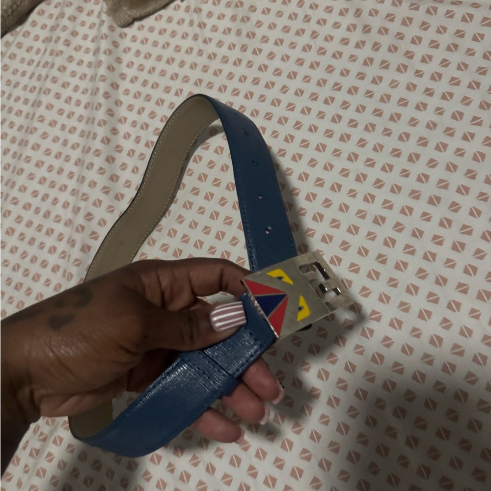 Fendi Beige and Blue Belt with Silver Buckle